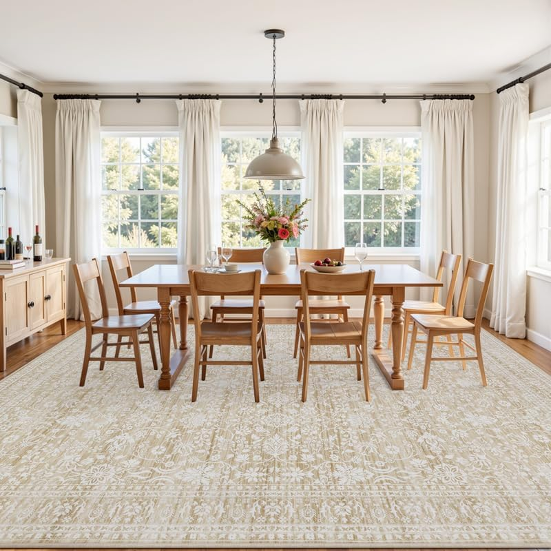 Area Rugs 9X12 Living Room: Vintage Boho Neutral Washable Rug Indoor Soft Large Area Rug Carpet for Bedroom Nursery Farmhouse Dining Room Office Floor Non-Slip Low Pile under Table Natural Beige - Image 3