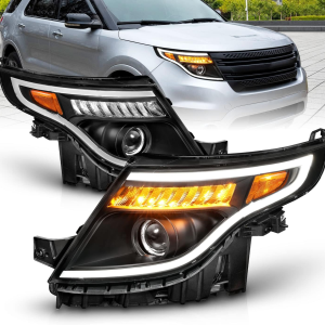 for 2011-2015 Ford Explorer LED Tube Signal Projector Black Replacement Headlight Pair - Driver and Passenger Side