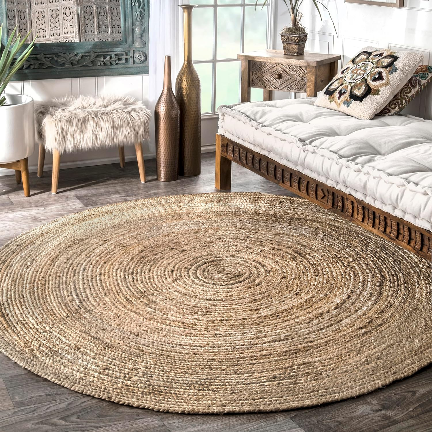 8 round Rigo Jute Hand Woven Area Rug, Natural, Solid Farmhouse Design, Natural Fiber, for Bedroom, Living Room, Dining Room, Hallway, Office, Kitchen, Entryway