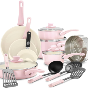 16 Piece Nonstick Cookware Set, Soft Grip Non-Toxic Pfas-Free Ceramic Pots & Pans, Dishwasher & Oven Safe, Frying, Sauce, Saute, Utensils, Glass Lids, Stay-Cool Handles, Wobble Free, Pink