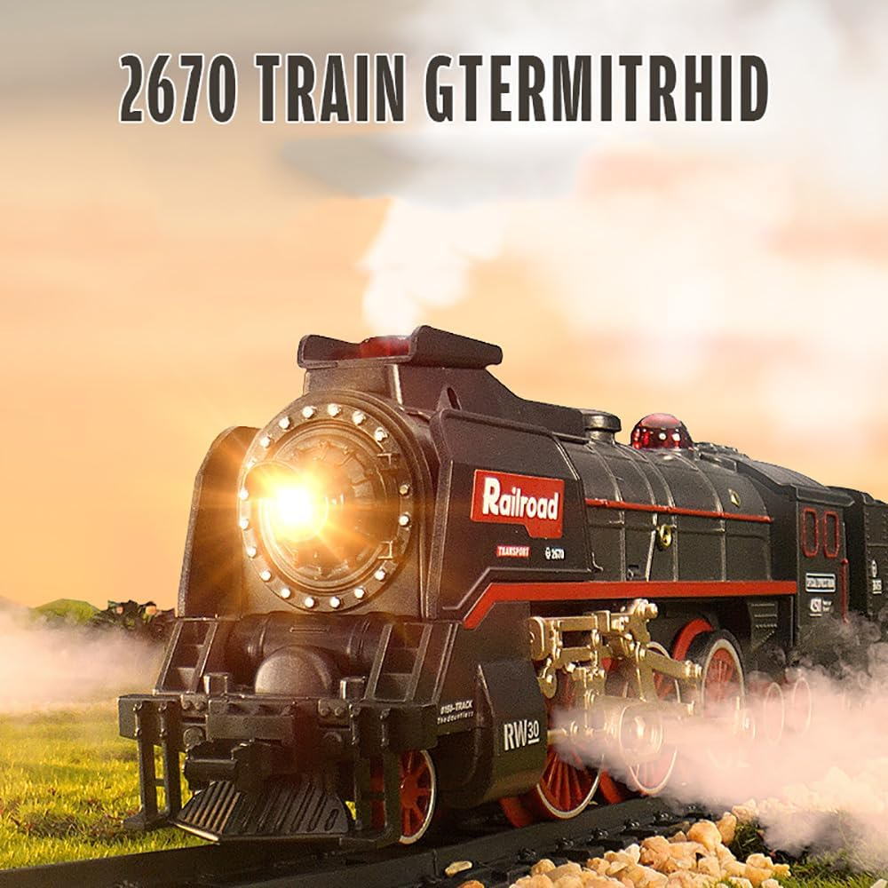 Christmas Electric Remote Control Train Set with Smoke, Lights, Sound, Locomotive Train Model with Track, Remote Carriage, USB Rechargeable, Gifts for Train Lovers - Image 2