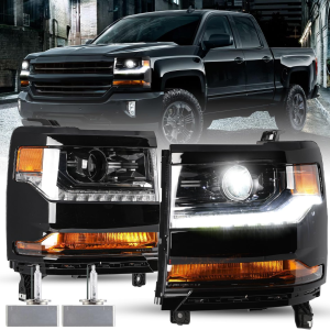 Headlight Assembly Fits for 2016 2017 2018 Chevy Silverado 1500 Pickup Hid/Xenon [With D5S HID Bulb] Projector Headlights Replacement Factory Headlamp Driver & Passenger Side