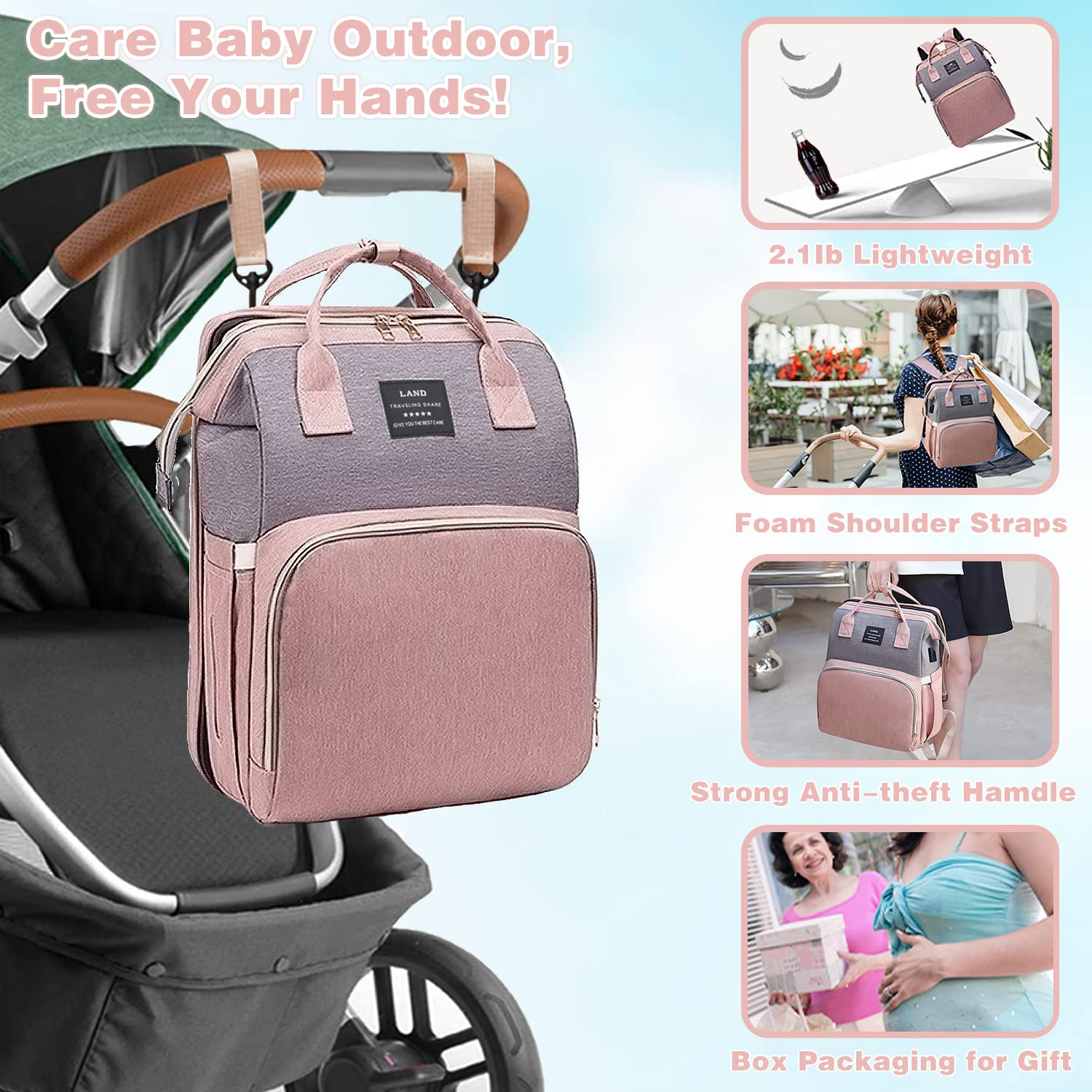 Baby Diaper Bags with Changing Station,Waterproof Diaper Bag Backpack for Moms Dads with USB Charging Port,Large Capacity Multifunctional Baby Essentials(Pink-Grey) - Image 7