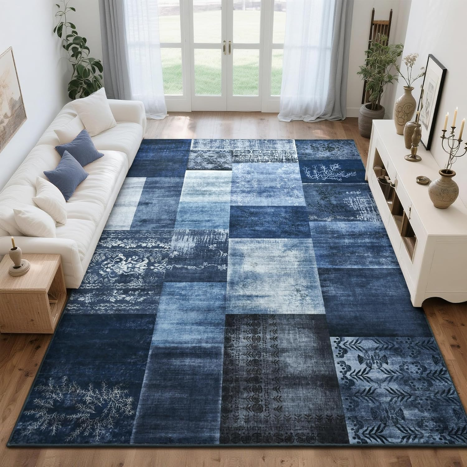 6X9 Blue Area Rugs for Living Room, Modern Large Geometric Rug for Bedroom, Washable Patchwork Rug Indoor Non Slip Throw Carpets for Dining Room Office Farmhouse Home Decor
