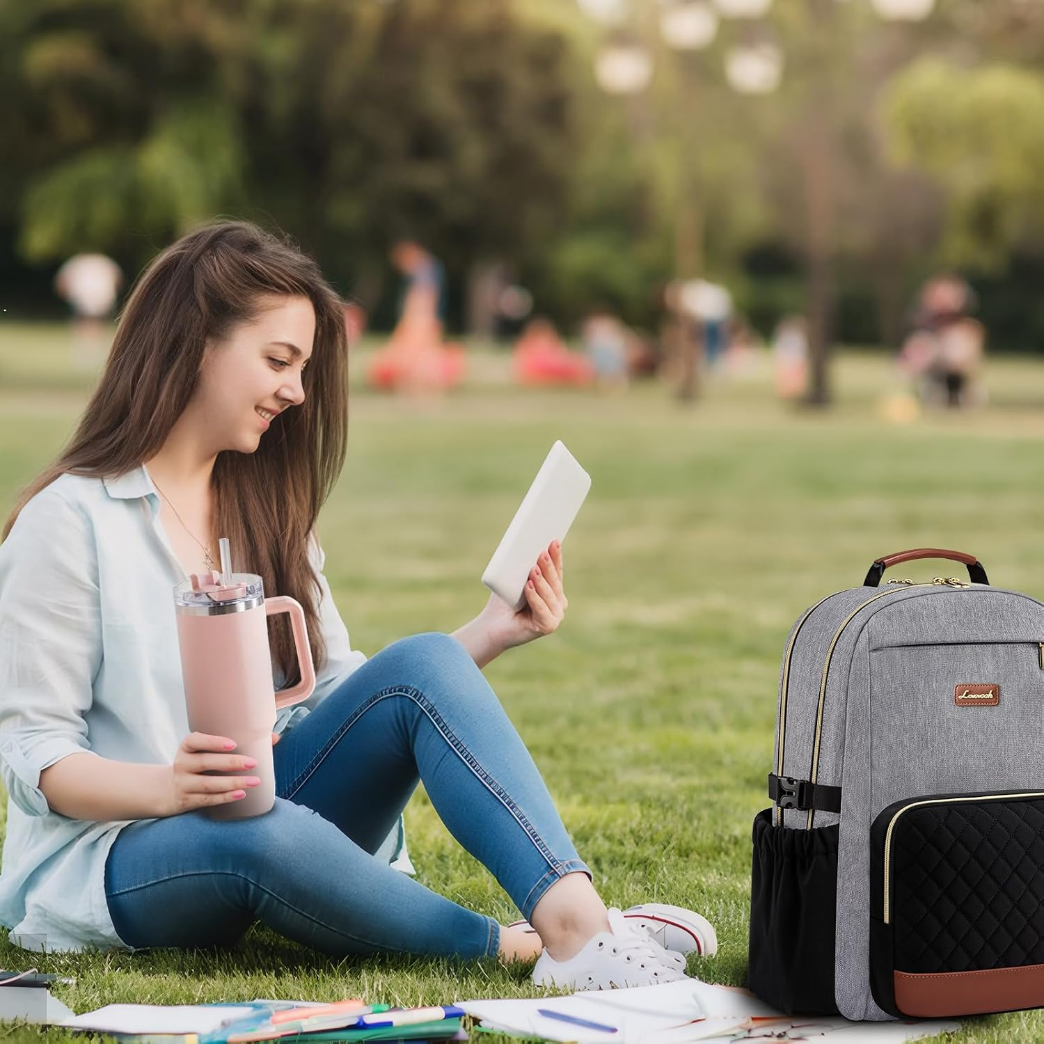 Laptop Backpack for Women with Pouch Pocket for Large Capacity Cup,15.6 Inch Teacher Nurse College Work Travel Backpack Purse,Waterproof Laptop Computer Bags,Grey-Black-Brown+Diamond-Shaped - Image 2