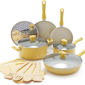 Soft Grip Healthy Ceramic Nonstick 15 Piece Kitchen Cookware Pots and Frying Sauce Saute Pans Set, Pfas-Free with Kitchen Utensils and Lid, Dishwasher Safe, Yellow