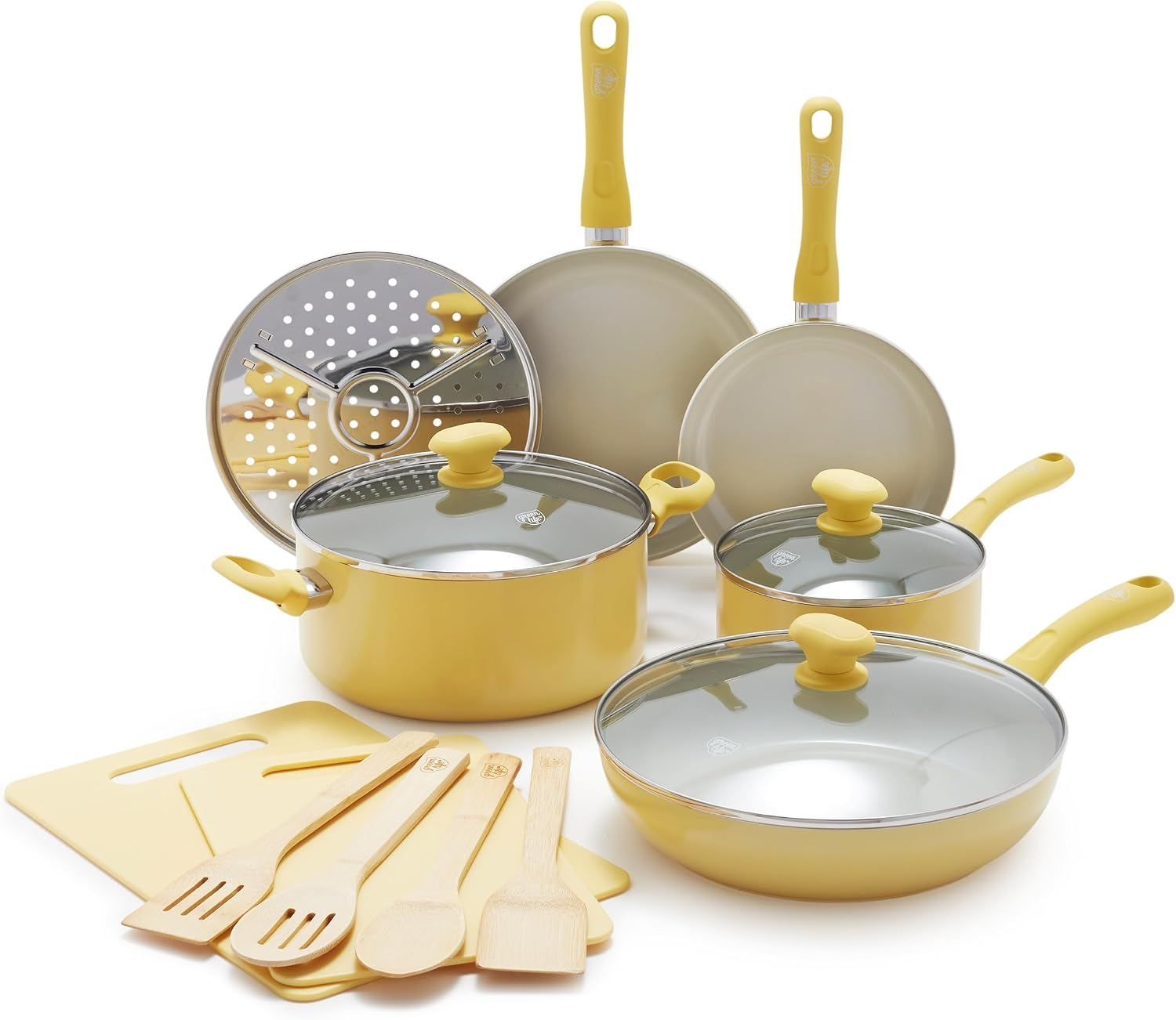 Soft Grip Healthy Ceramic Nonstick 15 Piece Kitchen Cookware Pots and Frying Sauce Saute Pans Set, Pfas-Free with Kitchen Utensils and Lid, Dishwasher Safe, Yellow