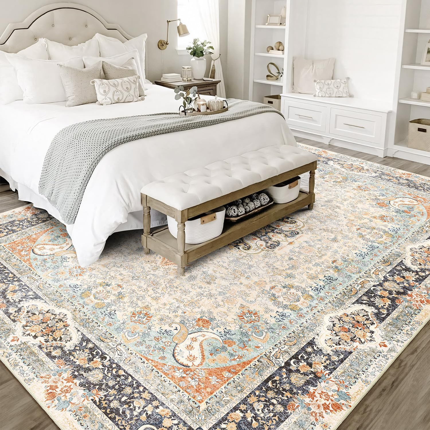 8X10 Area Rugs Washable,Vintage Rug for Living Room Bedroom Dining Room,Large Boho Bohemian Distressed Carpet Non Slip,Retro Blue Grey Floral - Image 3