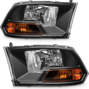 For 2009-2012 Dodge Ram 1500 2500 3500 Pickup Dual Cab Trims Headlights Black Housing Amber Reflector Driver and Passenger Side(Not Fit Quad Models) Pair（W/O Bulbs）