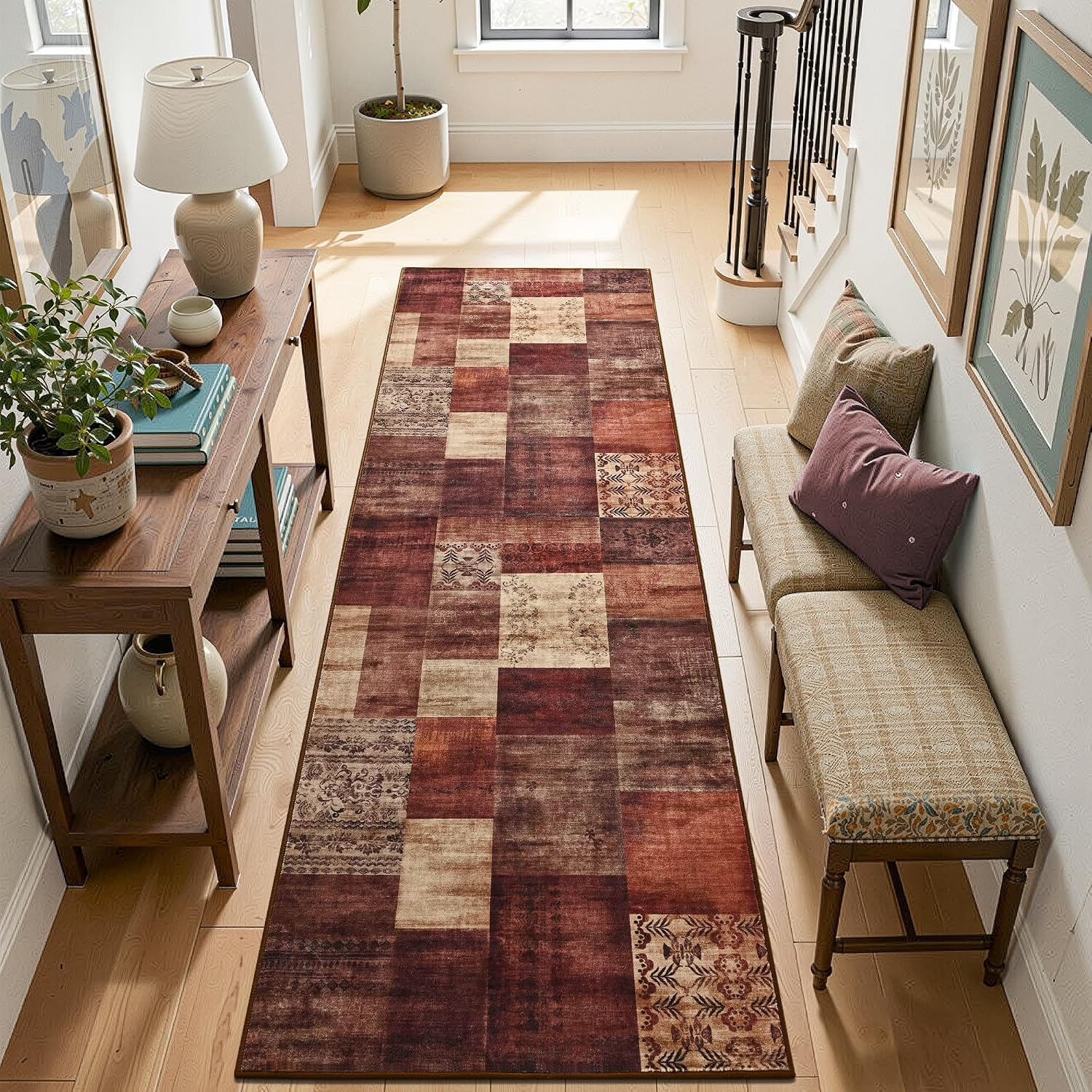 Modern Runner Rug for Living Room, 2X6 Washable Rugs for Bedroom Hallway, Geometric Patchwork Runner Rug Non-Slip Indoor Throw Carpet for Entryway Kitchen Office Home Decor, Red - Image 4