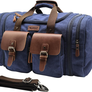 60L Travel Duffel Bag, Expandable Canvas Genuine Leather Duffle Bag Upgraded Overnight Weekender Bag Carry on Bag