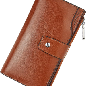 Womens Leather Wallets RFID Blocking Large Capacity Credit Cards Holder Phone Clutch Brown Orange