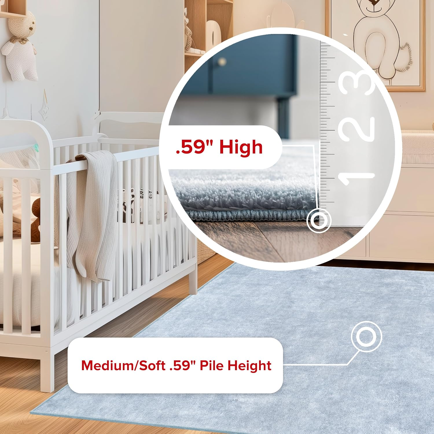 6' Square Cozy Plush Area Rug, Machine Washable, Non-Slip, Soft Fluffy Shag Carpet for Living Room Bedroom Kids Room Nursery Home Decor, Loni Light Blue - Image 3