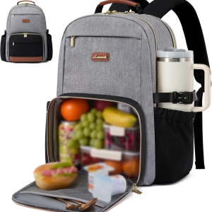 Lunch Backpack with Lunch Compartment,17 Inch Laptop Work Travel Insulated Cooler Backpack, Waterproof College Teacher Lunch Bag Box with Tumbler Holder,Gifts for Men Women,Grey-Black-Brown