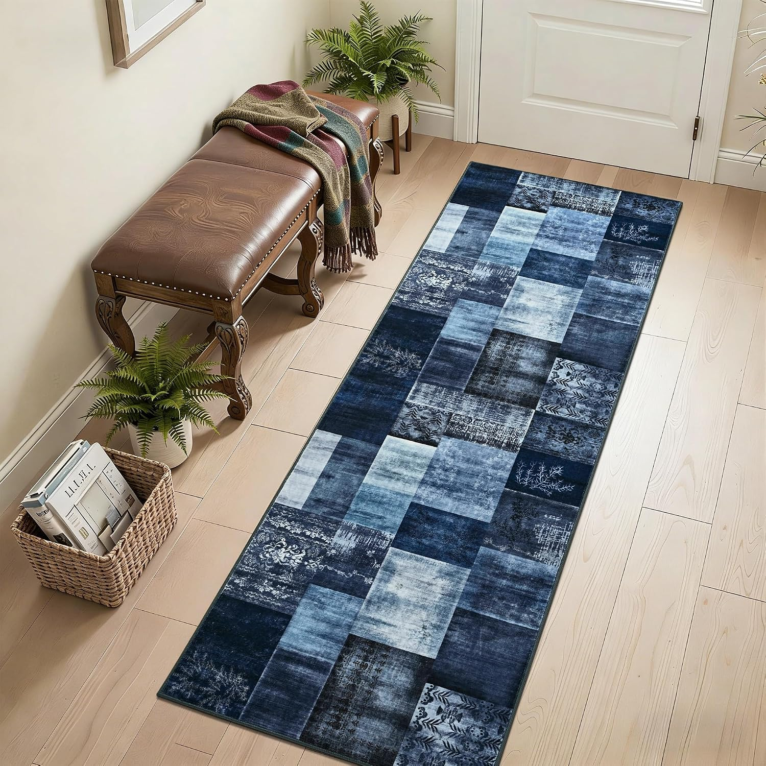 Modern Runner Rug for Living Room, 2X6 Washable Rugs for Bedroom Hallway, Geometric Patchwork Runner Rug Non-Slip Indoor Throw Carpet for Entryway Kitchen Office Home Decor, Blue - Image 6
