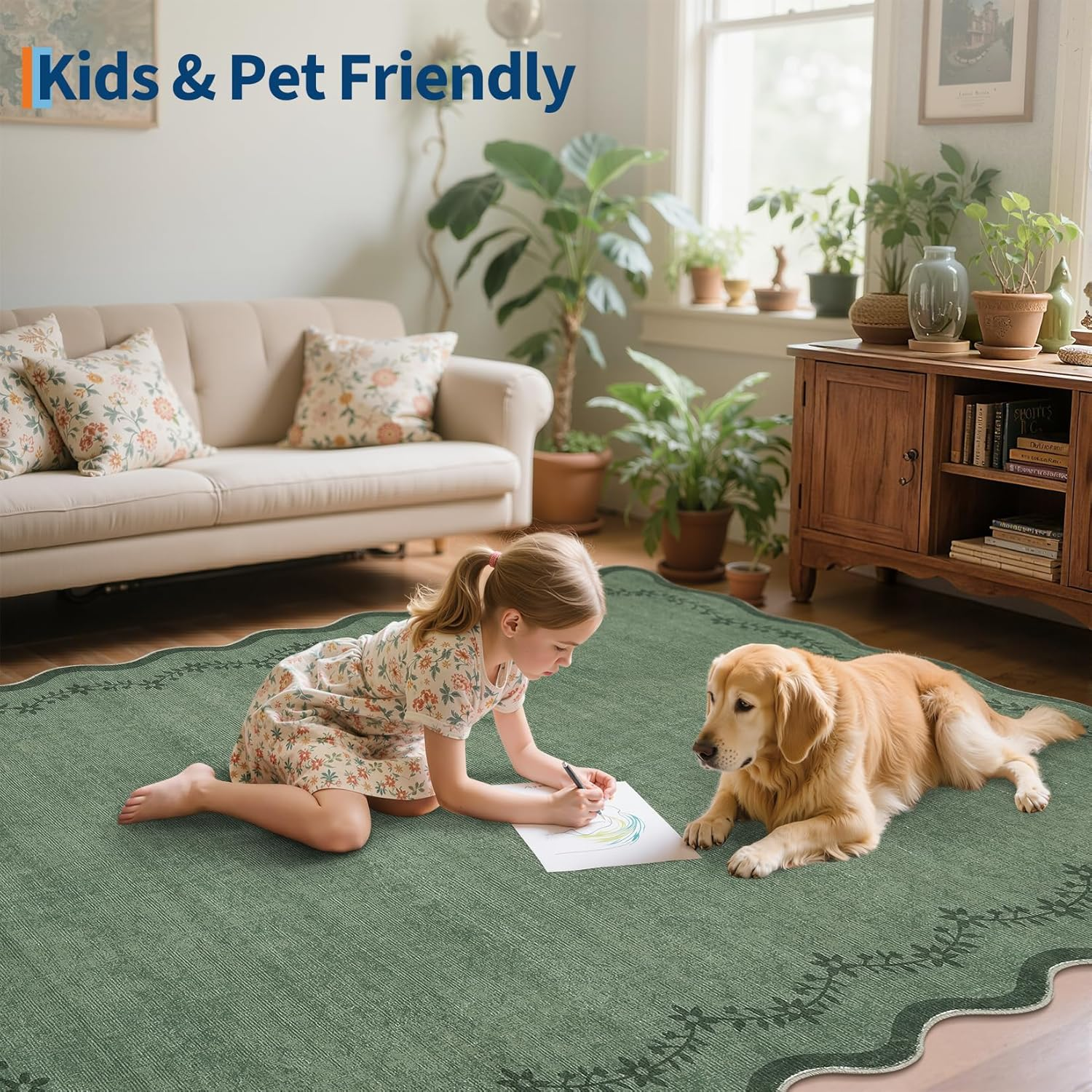 3X5 Scalloped Washable Area Rug for Bedroom,Soft Solid Dark Green Entryway Rug Farmhouse Kitchen Mat Non Slip Low Pile Carpet Stain Resistant Throw Rug for Bedside Kids Room - Image 7