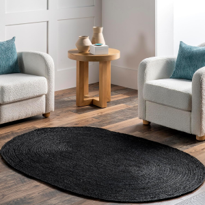 Oval 4X6 Rigo Jute Hand Woven Area Rug, Black, Solid Farmhouse Design, Natural Fiber, for Bedroom, Living Room, Dining Room, Hallway, Office, Kitchen, Entryway