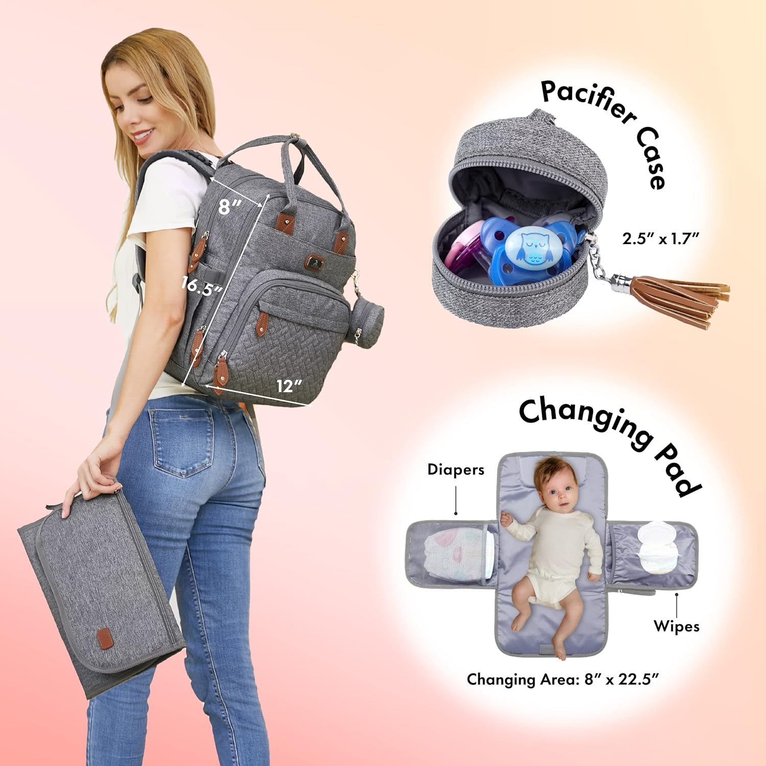 Diaper Bag Backpack with Portable Changing Pad, Pacifier Case and Stroller Straps, Large Unisex Baby Bags for Boys Girls, Multipurpose Travel Back Pack Moms Dads, Gray - Image 2