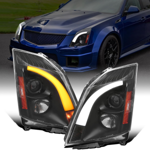 - Fits 2008-2014 Cadillac CTS Upgraded Replacement LED Tube Switchback Sequential Turn Signal Halogen Projector Headlights Assembly Pair | Black