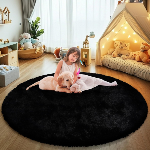 Black Fluffy round Area Rugs for Bedroom,5'X5'Shag Circle Area Rugs for Living Room,Non Slip Fuzzy Plush Rug for Room Boys Girls Room and Dorm Home Decor Rug