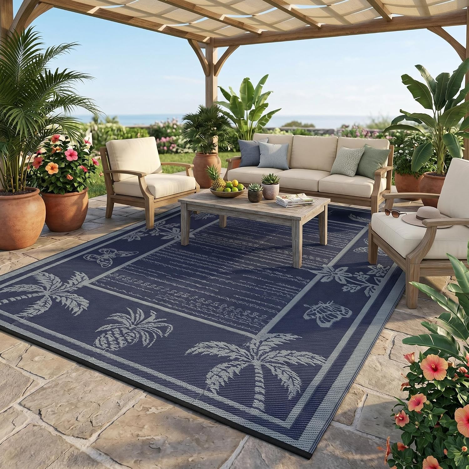 Outdoor Rug 8X10 Waterproof for Patios, Reversible Plastic Straw Rug, Tropical Leaf Indoor Outdoor Rugs, Large Area Rug for RV, Camping, Deck, Picnic Mat, outside Carpet