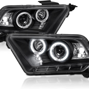 Black Twin Halo Projector Headlights Compatible with 2010-2014 Ford Mustang, Left + Right Pair Headlamps Assembly