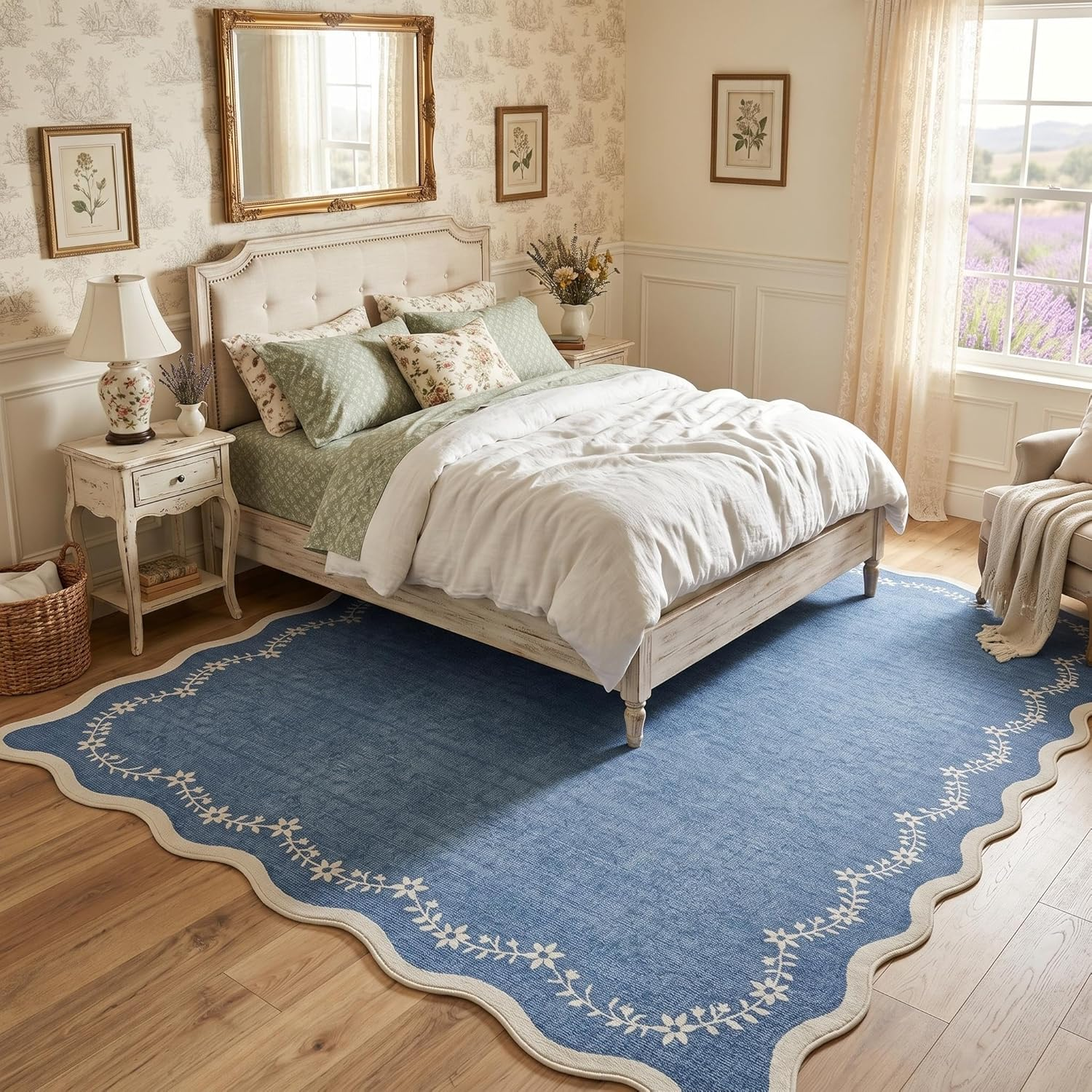 5X7 Scalloped Area Rug Navy Blue Washable Rugs for Living Room Bedroom, Soft Low Pile Non Slip Accent Floor Mat Solid Floral Print Throw Rug Indoor Carpet for Dorm Playroom - Image 2