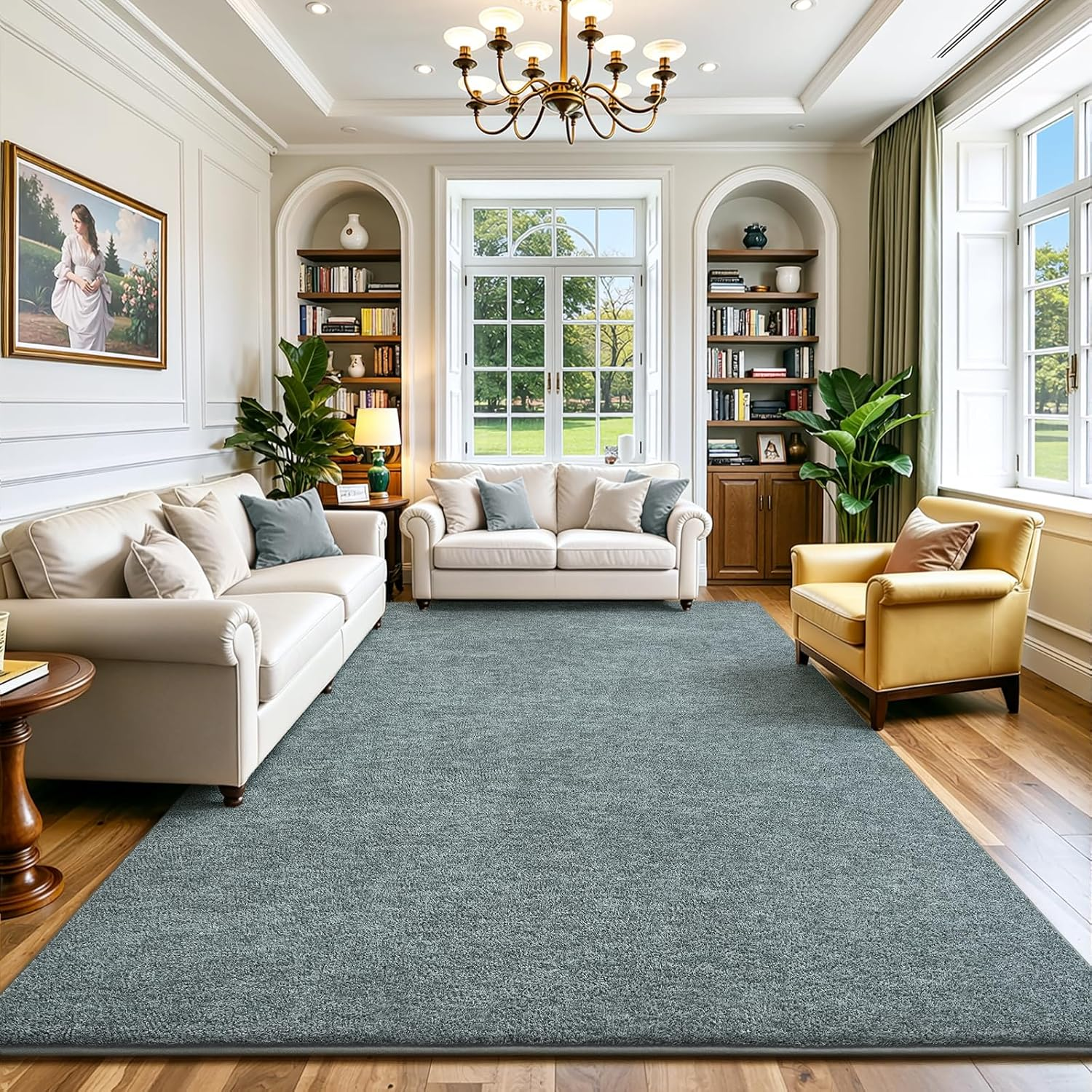 Living Room Rugs 7X10, Soft Modern Large Area Rug for Bedroom Washable Memory Foam Indoor Big Carpet Low Pile Minimalist Non Slip Rug for Classroom Dorm Kids Room Home Decor Grey and Green - Image 3