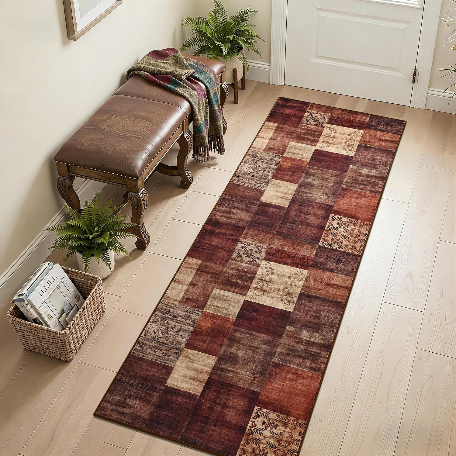 Modern Runner Rug for Living Room, 2X6 Washable Rugs for Bedroom Hallway, Geometric Patchwork Runner Rug Non-Slip Indoor Throw Carpet for Entryway Kitchen Office Home Decor, Red - Image 6