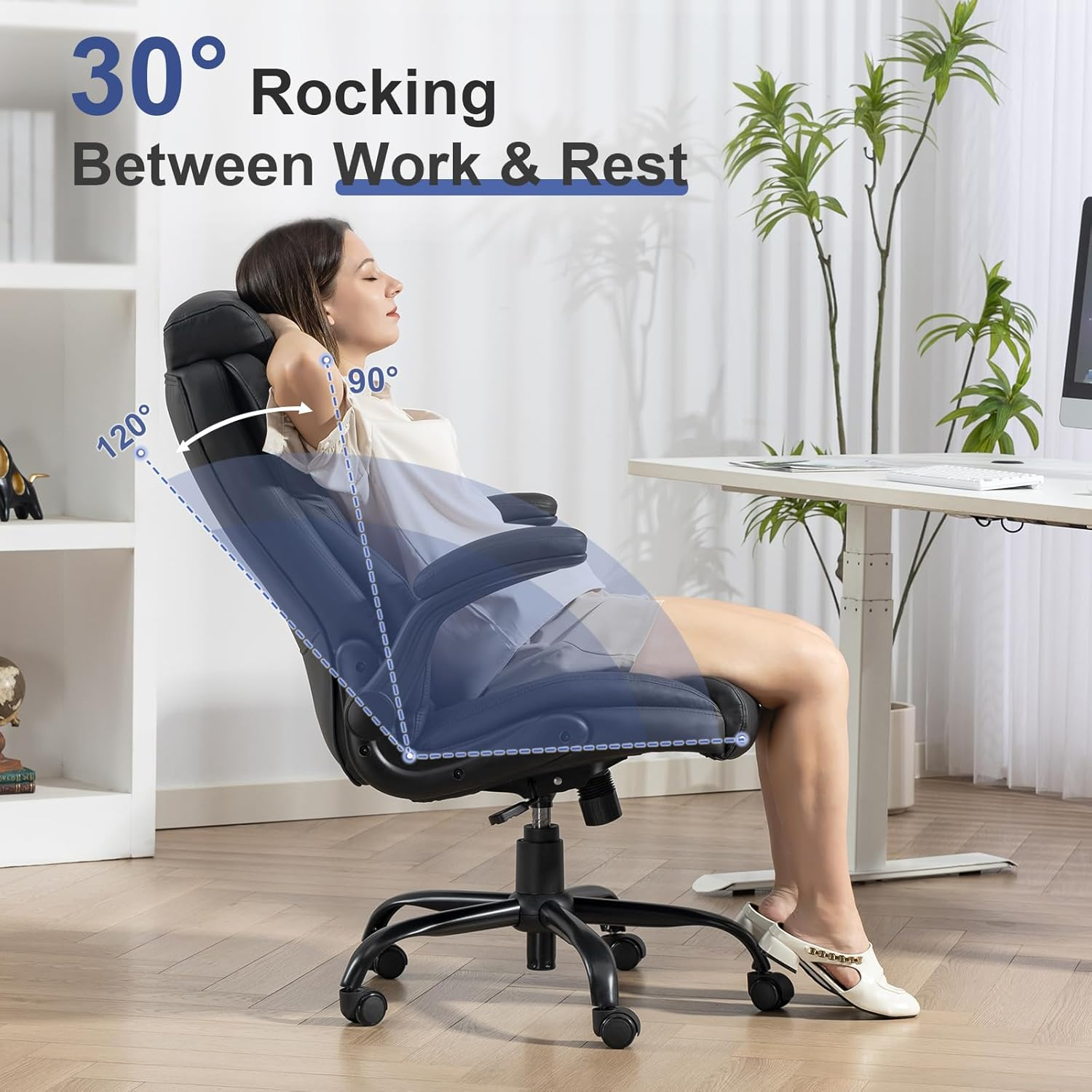 400LBS Big and Tall Office Chair, Heavy Duty Leather Executive Desk Chair with Padded Flip-Up Arms, Swivel Rolling Computer Chair for Home Office, Black - Image 7
