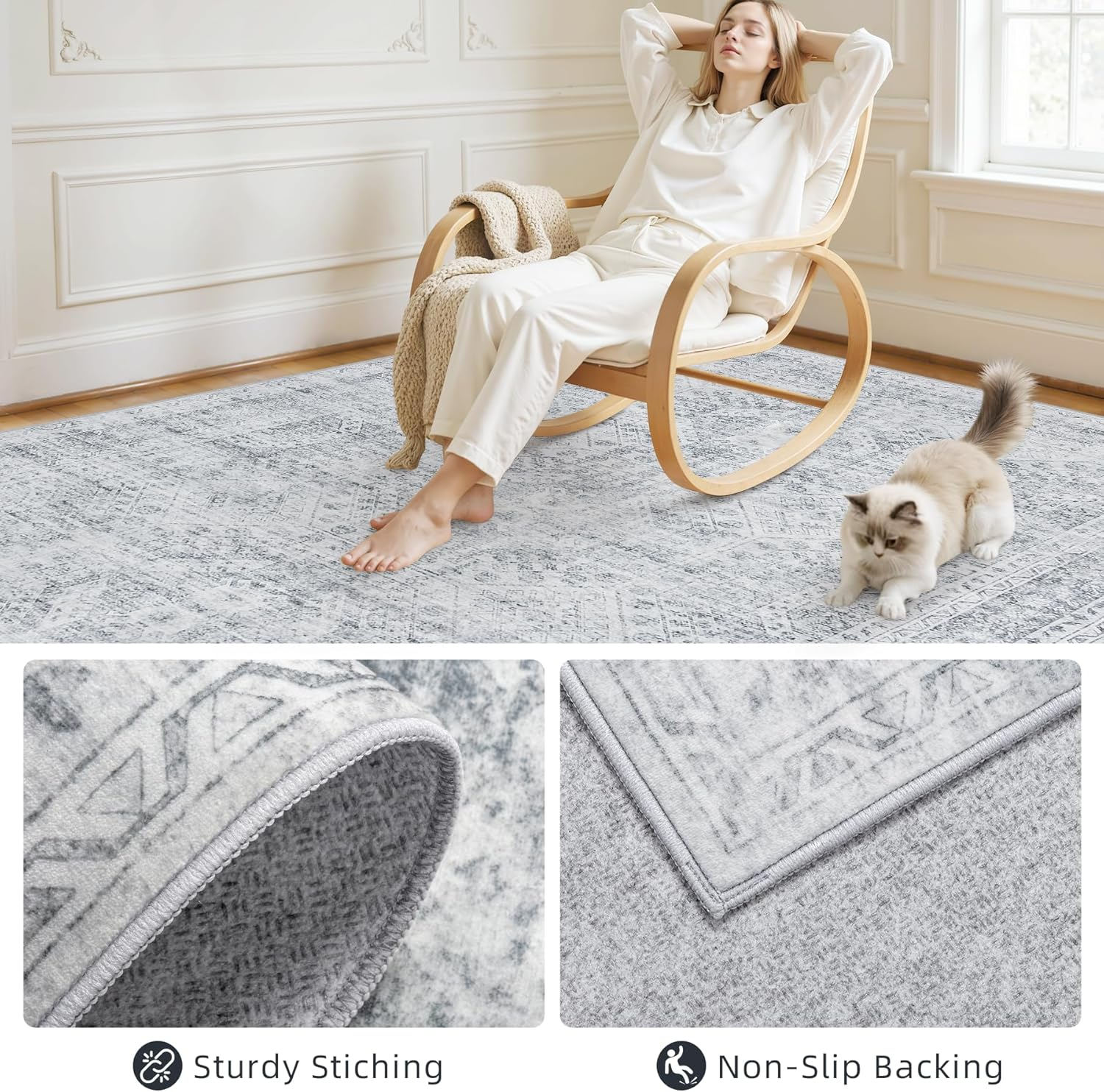 10X14 Area Rug for Living Room: Vintage Boho Neutral Washable Rug Indoor Soft Large Area Rug Carpet for Bedroom Nursery Farmhouse Dining Room Office Floor Non-Slip Low Pile under Table Rug Gray - Image 4
