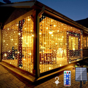 2 Pack Solar Curtain Lights Outdoor Garden Fairy String Lights 300 LED 8 Modes Remote Control Waterproof Solar Waterfall Lights for Gazebo Patio Party Festival Wedding Christmas Decorations(Warm)
