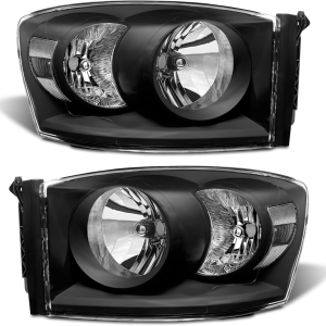 Headlight Assembly Pair for 2006-2008 Dodge Ram 1500 2006-2009 Ram 2500 3500 Black Housing Clear Lens Clear Reflector LH RH W/O Bulbs
