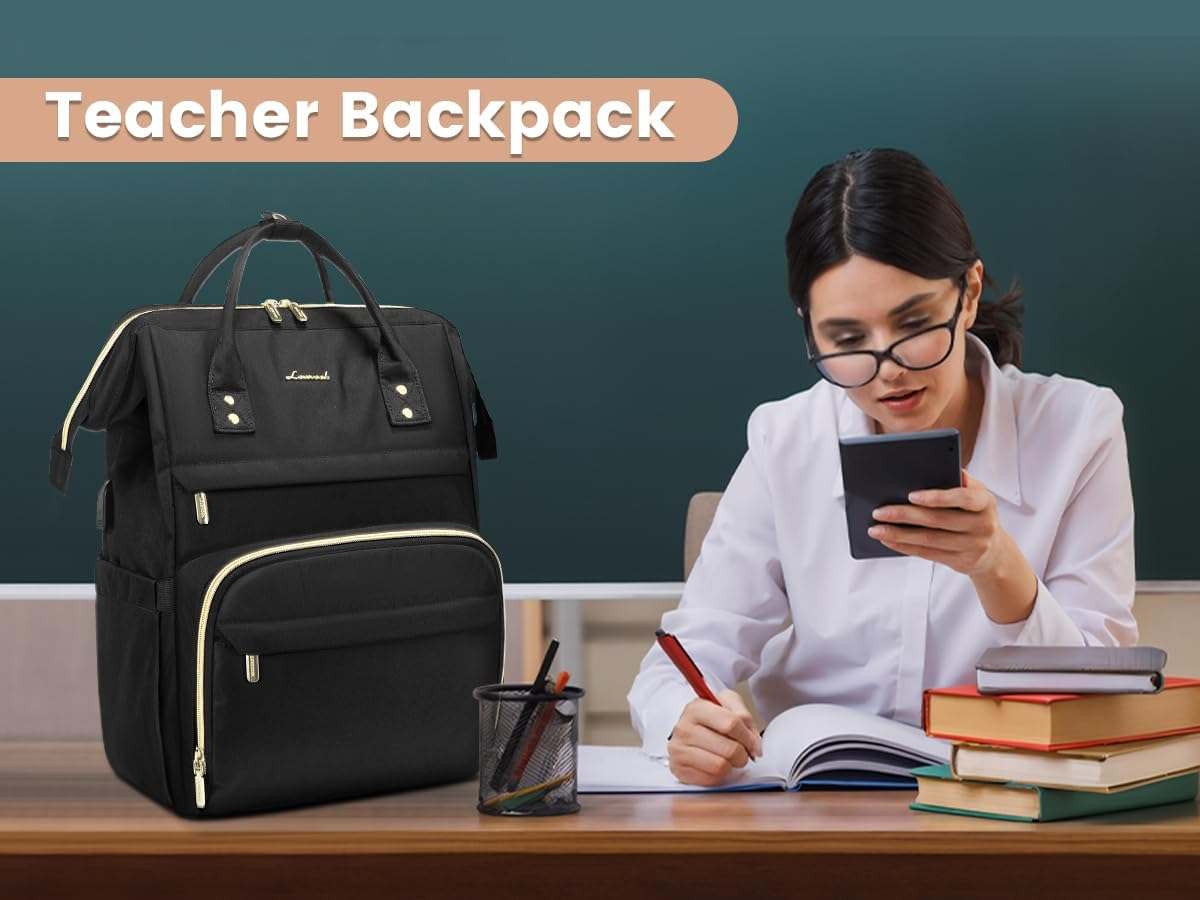 Laptop Backpack Women, 15.6 Inch Work Backpack Woman for Teacher Nurse Bags, Computer College Backpack Purse, Waterproof Anti-Theft Travel Back Pack with USB Charging Port, Black - Image 6