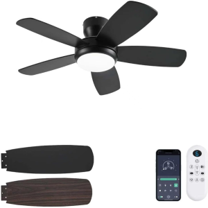42 Inch Ceiling Fan with Light and Remote/App Control, Low Profile Ceiling Fans with Lights,Flush Mount, Double-Sided Blades, 3CCT, Dimmable, Noiseless, Black Ceiling Fan for Indoor/Outdoor Use