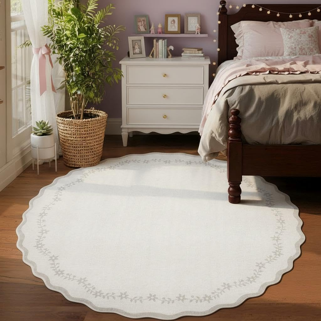 round Area Rugs 8Ft for Living Room, Large Solid Beige Washable Circle Rug Soft Non Slip Floral Print Floor Mat Carpet Indoor Thin Rug for Bedroom Dining Room Playroom Nursery - Image 2