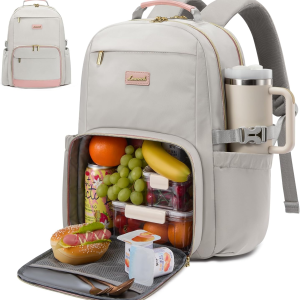 Lunch Backpack with Lunch Compartment,17 Inch Laptop Work Travel Insulated Cooler Backpack Purse, Waterproof College Teacher Lunch Bag Box with Tumbler Holder,Gifts for Men Women,Gray-Pink