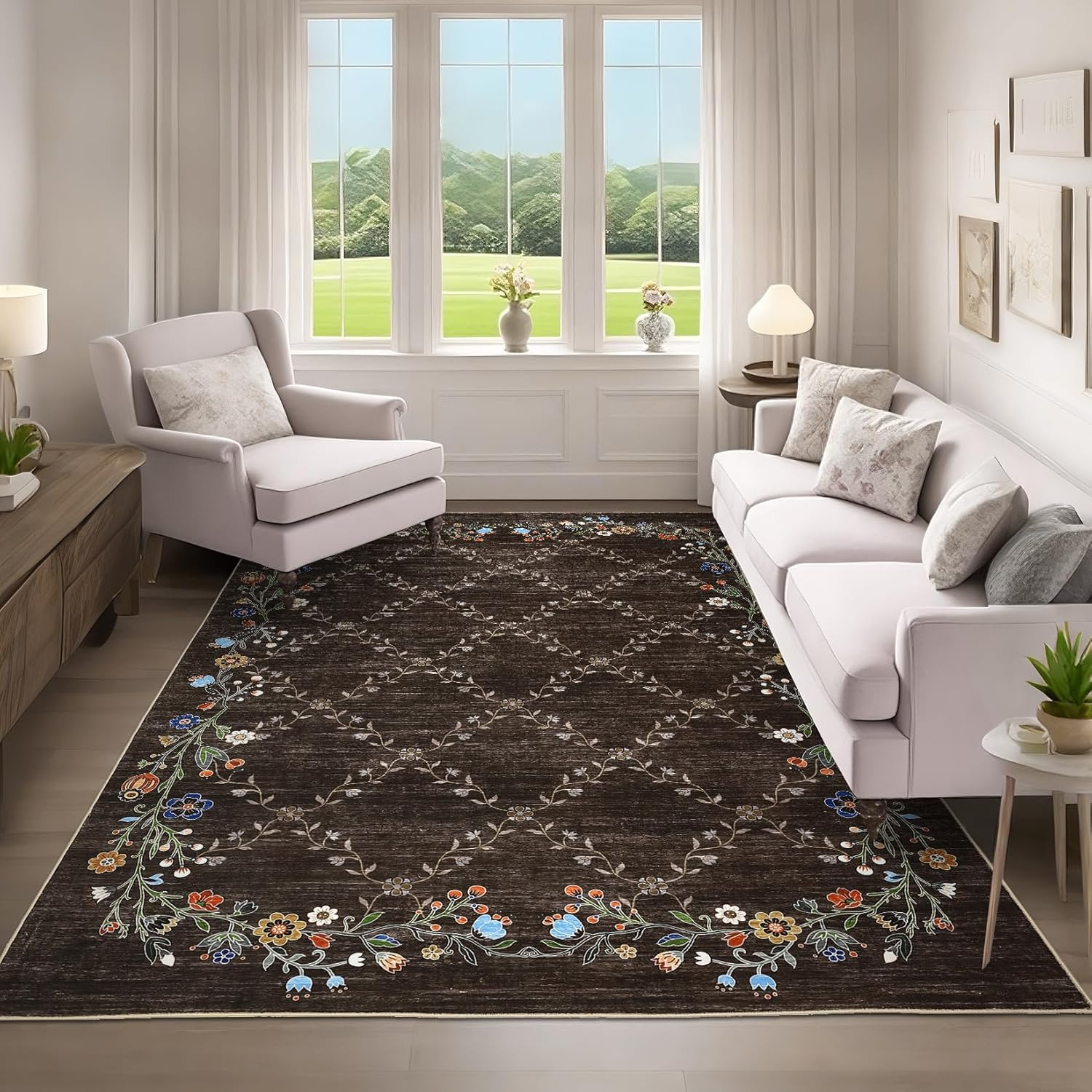 8X10Ft Floral Washable Area Rug, Brown Vintage Boho Low Pile Non Slip, Soft Indoor Large Rug for Living Room, Bedroom, Dining Room, Office - Image 7