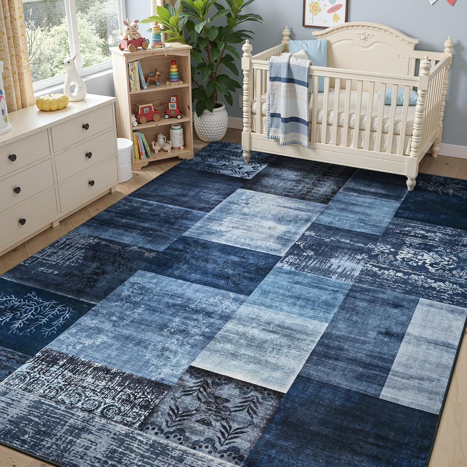 6X9 Blue Area Rugs for Living Room, Modern Large Geometric Rug for Bedroom, Washable Patchwork Rug Indoor Non Slip Throw Carpets for Dining Room Office Farmhouse Home Decor - Image 8
