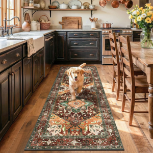 Washable Runner Rug, 3X7 Non-Slip Boho Vintage Hallway Rug Runner with Rubber Backing, Stain Resistant & Low Pile Distressed Carpet Runner for Bedroom, Kitchen, Laundry, Entrance