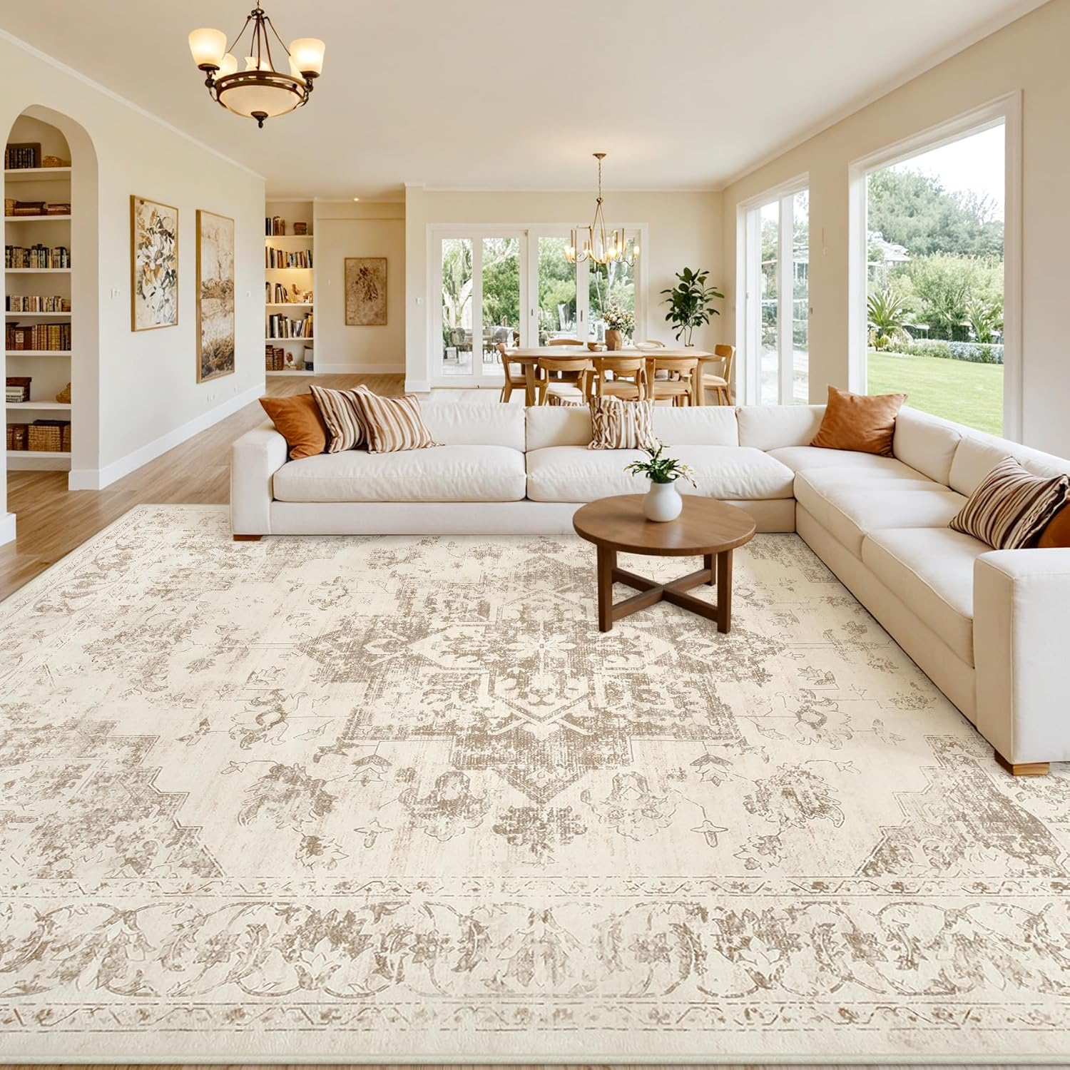 Area Rugs 9X12 Living Room: Vintage Boho Neutral Washable Rug Indoor Soft Large Area Rug Carpet for Bedroom Nursery Farmhouse Dining Room Office Floor Non-Slip Low Pile under Table Rug Beige/Ivory - Image 8
