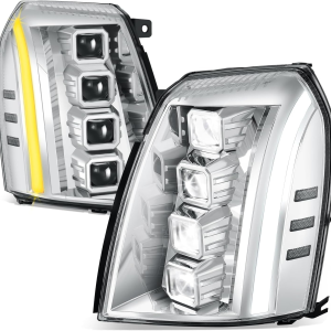 LED DRL Headlights Assembly Compatible with Cadillac Escalade 2007-2014, Quad Square Projector Headlamps W/Sequential LED Switchback DRL Turn Signal Light, Chrome Housing Clear Corner