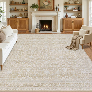 Area Rugs 9X12 Living Room: Vintage Boho Neutral Washable Rug Indoor Soft Large Area Rug Carpet for Bedroom Nursery Farmhouse Dining Room Office Floor Non-Slip Low Pile under Table Natural Beige