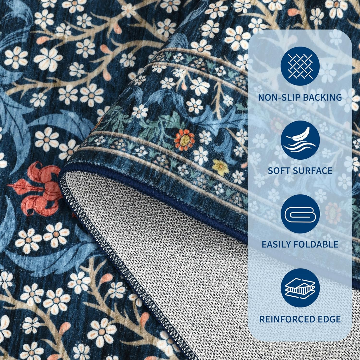 Kitchen 2X6 Runner Rug, Floral Washable Rugs for Hallways Non Slip Stain Resistant, Boho Soft Rug Botanical Carpet for Entryway, Laundry Room, Bedroom Floor Mat, Dark Blue - Image 5