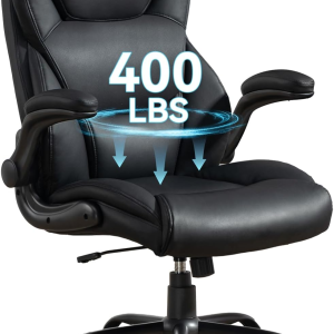 400LBS Big and Tall Office Chair, Heavy Duty Leather Executive Desk Chair with Padded Flip-Up Arms, Swivel Rolling Computer Chair for Home Office, Black
