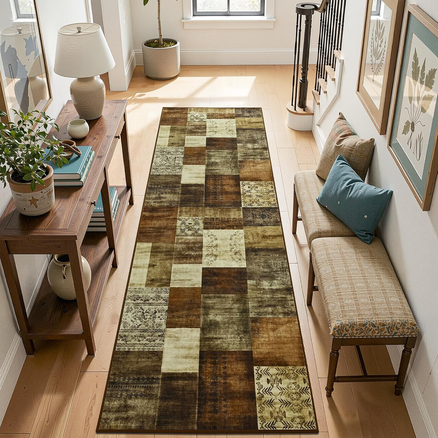 Modern Runner Rug for Living Room, 2X6 Washable Rugs for Bedroom Hallway, Geometric Patchwork Runner Rug Non-Slip Indoor Throw Carpet for Entryway Kitchen Office Home Decor, Brown - Image 4