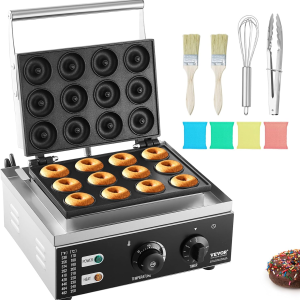 Electric Donut Maker, 1550W Commercial Doughnut Machine with Non-Stick Surface, 12 Hole Double-Sided Heating Waffle Machine Makes 12 Doughnuts, Temperature 122-572℉, for Restaurant & Home Use