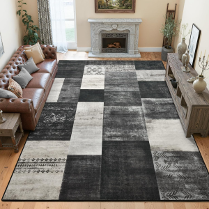 5X7 Area Rugs for Living Room, Modern Large Geometric Rug for Bedroom, Washable Patchwork Rug Indoor Non Slip Throw Carpets for Dining Room Office Farmhouse Home Decor, Black and White