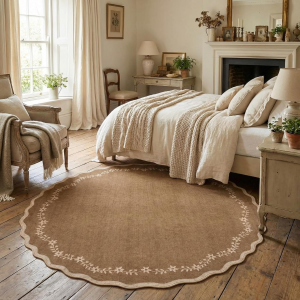 round Area Rugs 6Ft for Bedroom, Solid Brown Washable Circle Rug Soft Non Slip Floral Print Floor Mat Leaves Carpet Indoor Thin Rug for Living Room Dining Room Playroom Nursery