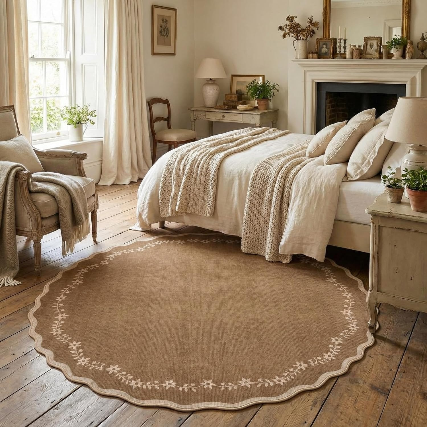 round Area Rugs 6Ft for Bedroom, Solid Brown Washable Circle Rug Soft Non Slip Floral Print Floor Mat Leaves Carpet Indoor Thin Rug for Living Room Dining Room Playroom Nursery